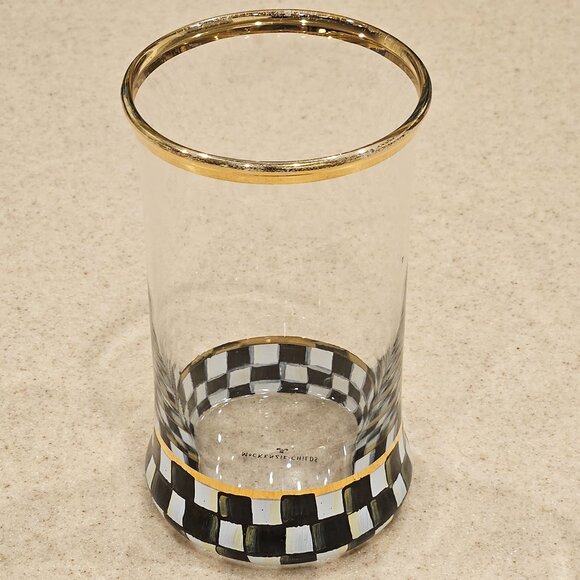 RARE RETIRE MACKENZIE CHILDS BLACK COURTLY CHECK HIGHBALL DRINKING GLASS TUMBLER - Picture 1 of 7